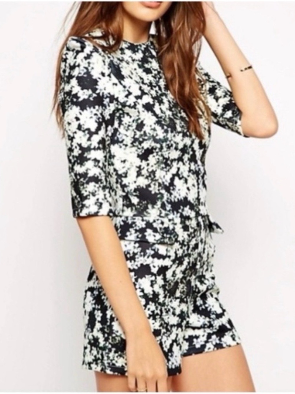 Lavish Alice Black, White & Olive Green Floral Romper